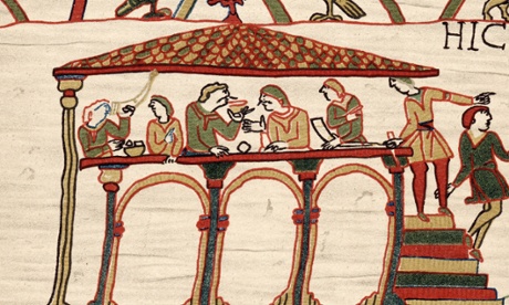 The Bayeux Tapestry depicting Harold II, the last Anglo-Saxon king of England, feasting with companions