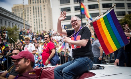 Supreme court plaintiff Jim Obergefell rides in a convertible in the San Francisco Gay Pride parade on 28 June 2015.