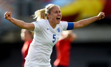 Steph Houghton celebrates after scoring against Norway.