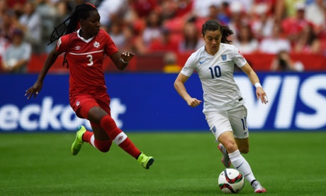 Karen Carney is challenged by Kadeisha Buchanan of Canada