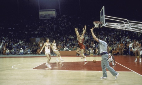 The Soviet Union scores the winning basket in the last second of the 1972 Olympic basketball final against the USA>