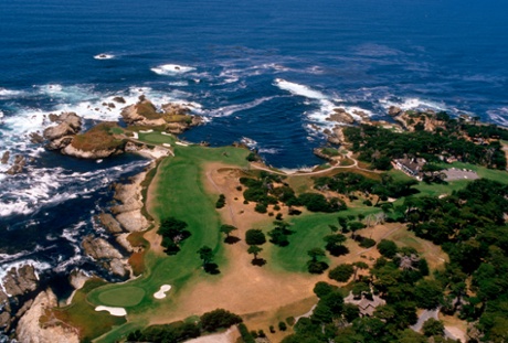 An aerial view of the 15th, 16th and 17th holes at Cypress Point.
