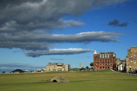 A look up the short, yet potentially nightmarish 18th hole on the Old Course at St Andrews.