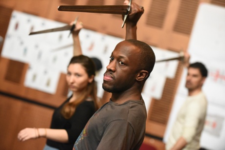 Actors rehearse a fight scene in King John for Shakespeare's Globe.