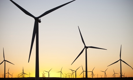 Dawn over Whitlee wind farm on Eaglesham Moor just south of Glasgow in Scotland