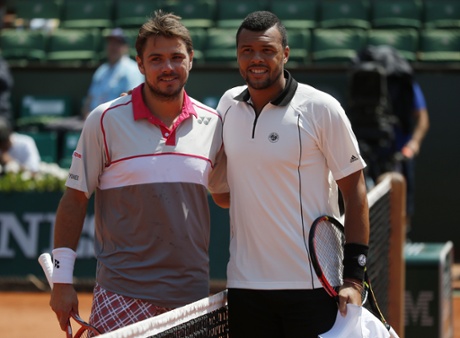 Jo-Wilfried Tsonga and Stan Wawrinka pose before  their semifinal match.