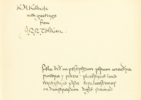 Tolkien's message in Old English to former student Kitty Kilbride. The book sold for a record £137,000 at Sotheby's in London