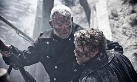 Johan (Soren Malling) protects Laust (Jakob Oftebro) in the battle at Dybbol.