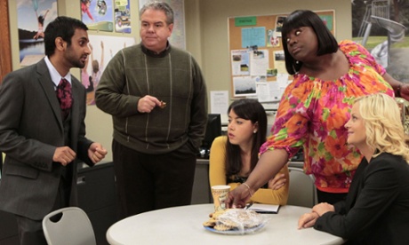 Ansari (far left) in Parks & Recreation.