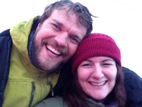 Pilou Asbæk up a mountain with Julia Raeside.