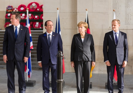 Britain's prime minister David Cameron, left, at a world war one commemoration in 2014 with French president François Hollande, German chancellor Angela Merkel and former Polish prime minister Donald Tusk, who is now president of the European Council.