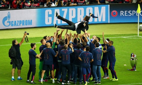 Barcelona manager Luis Enrique is thrown in to the air by his players as they celebrate their fifth European Cup victory.