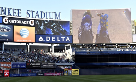 American Pharoah winning at Belmont Park as projected on the big screen at Yankee Stadium