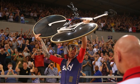 Sir Bradley Wiggins of Great Britain and Team Wiggins celebrates breaking the UCI One Hour Record at Lee Valley Velopark Velodrome.