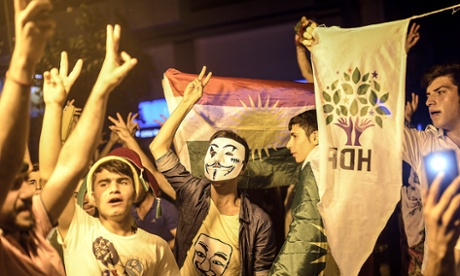 Supporters of pro-Kurdish Peoples' Democratic Party (HDP) celebrate in the streets of Diyarbakir following the Turkish election.