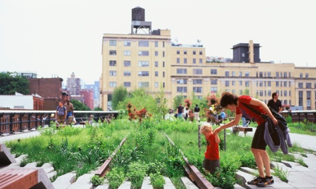 Mother and child explore the Washington Grasslands, Manhattan, NYC