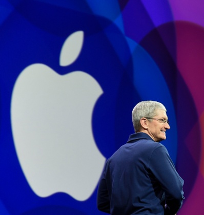 Taking a bite out of music … Apple CEO Tim Cook at the conference that saw the announcement of Apple Music.