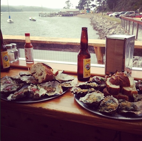 Plates of oysters in waterside restaurant