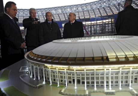 Russian president Vladimir Putin and Fifa president Sepp Blatter listen to Moscow’s mayor Sergey Sobyanin at Luzhniki stadium in October 2014.