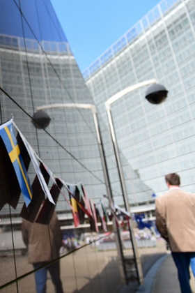 Flags at the European Commission building in Brussels.
