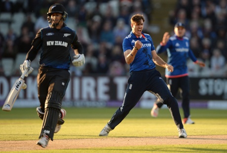 Steven Finn celebrates dismissing Ross Taylor.