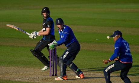 New Zealand batsman Mitchell Santner is caught by Chris Jordan at slip as Jos Buttler.