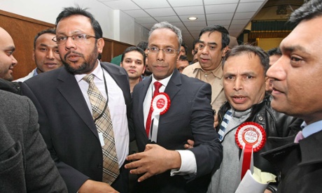 Lutfur Rahman and supporters at his 2010 mayoral election victory in York Hall, Bethnal Green.