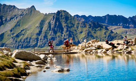 Trekkers in Gran Paradiso national park, Italy. 