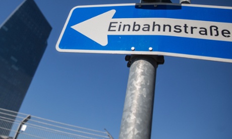 A one-way street sign is pictured in front of the headquarters of the ECB in Frankfurt, Germany.