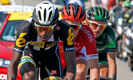 Daniel Teklehaimanot with Europcar rider Perrig Quemeneur and Cofidis's Kenneth Van Bilsen during Wednesday's breakaway.