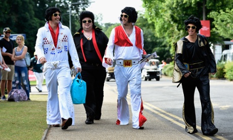 Spectators dressed as Elvis turn up before day three of the first Ashes Test between England and Australia in Cardiff.