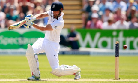 Alastair Cook edges the ball towards the hands of  Nathan Lyon.