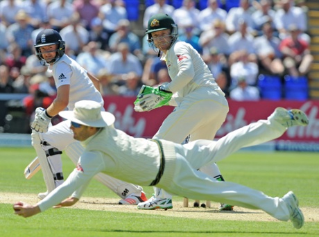 A stupendous catch from Michael Clarke sends Adam Lyth on his way.