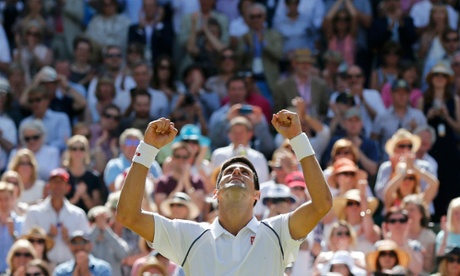 Novak Djokovic celebrates after securing his place in the 2015 Wimbledon final.