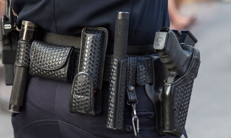 Equipment belt of an American uniformed Police Office showing.