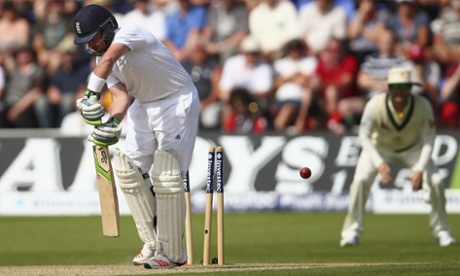 Ian Bell is bowled by Mitchell Johnson.