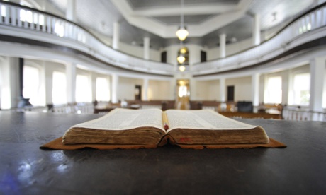 a Bible opened on the judge's desk in the old Monroe County Courthouse in Monroeville.