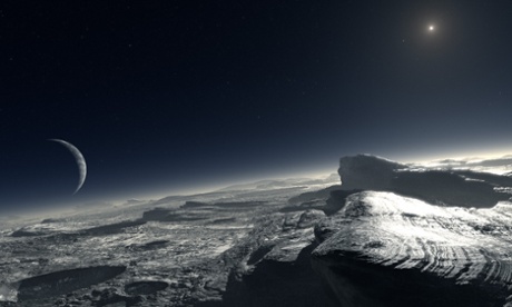 Artist’s impression of Pluto’s icy terrain, with Charon looming large in starry skies.