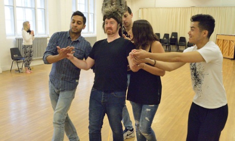 Chris Nayak, Forbes Masson, Jake Mann, Sophie Khan Levy, Chris Lew and Kum Hoi rehearsing A Midsummer Night’s Dream.