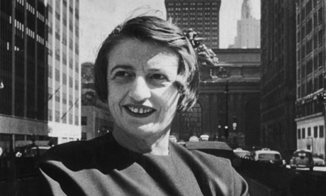 Ayn Rand standing in front of Grand Central station, 1957.