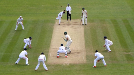 England's Moeen Ali bowls at Australia's Mitchell Starc in the first Test.