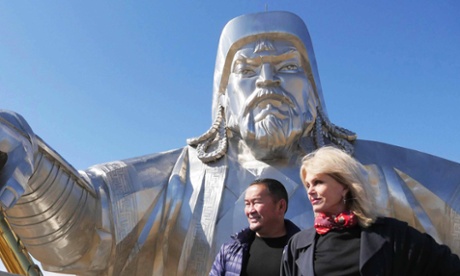 Joanna Lumley, Mongolian businessman Mr Battulga and a big statue of Genghis Khan.