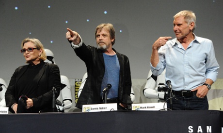 Carrie Fisher, from left, Mark Hamill, and Harrison Ford attend Lucasfilm's 