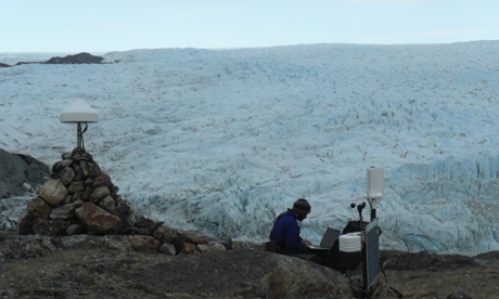 Maintaining a GPS in front of Russell Glacier.