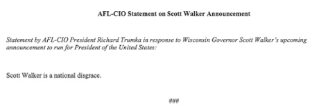 AFL-CIO statement on Scott Walker candidacy.