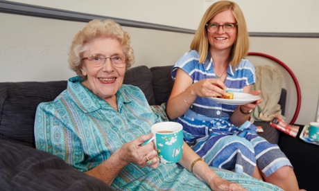 Helen Pidd and Enid take tea and lemon drizzle cake.  Photograph: Christopher Thomond for The Guardian