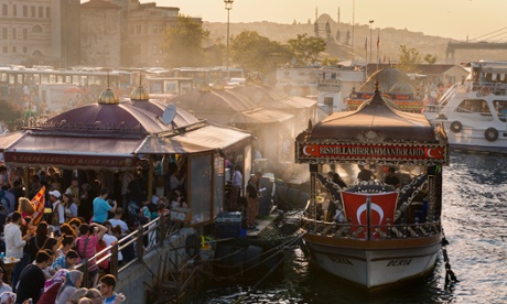 Floating fish sandwich stalls on the Bosphorus in Istanbul.