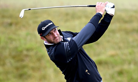Dustin Johnson of the United States hitting a shot during practice before the Open Championship