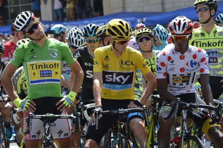 Peter Sagan, left, Chris Froome and Daniel Teklehaimanot wait at the start.