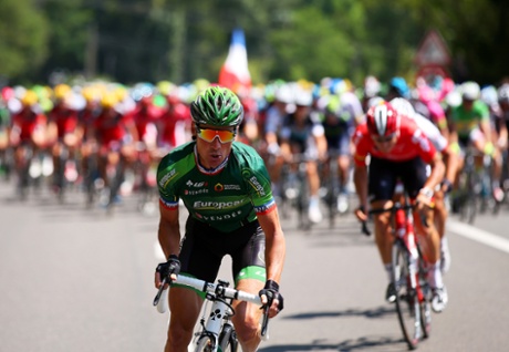 Thomas Voeckler attacks off the front. It is Bastille Day, after all.